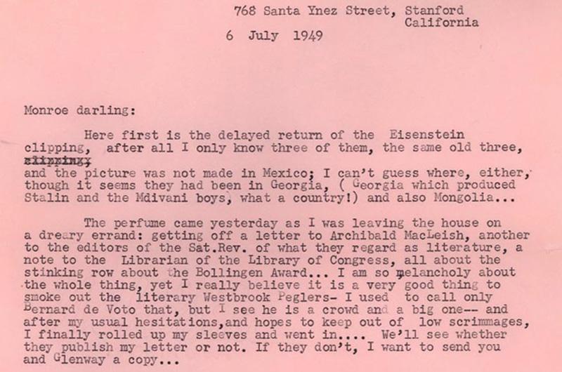 Typewritten letter on pink paper addressed to "Monroe darling"